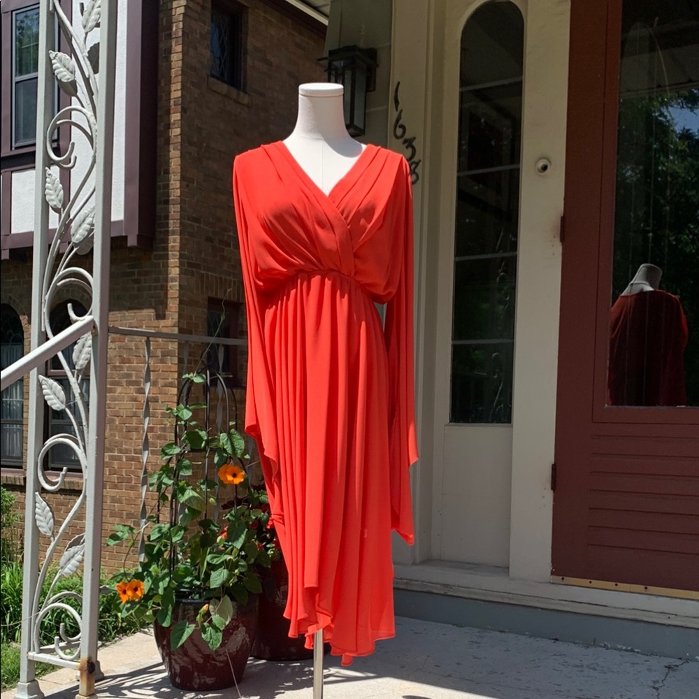 Meghan LA Coral Asymmetrical Sundress with Bell Sleeves